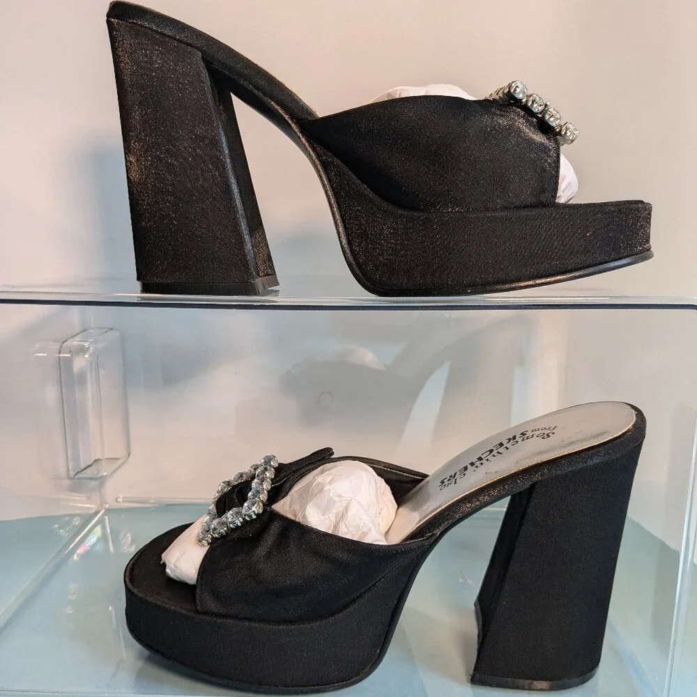 Vintage Chunky Heel Shimmer Black Platform Skechers Rhinestone Buckle Heels - Picture 2 of 16